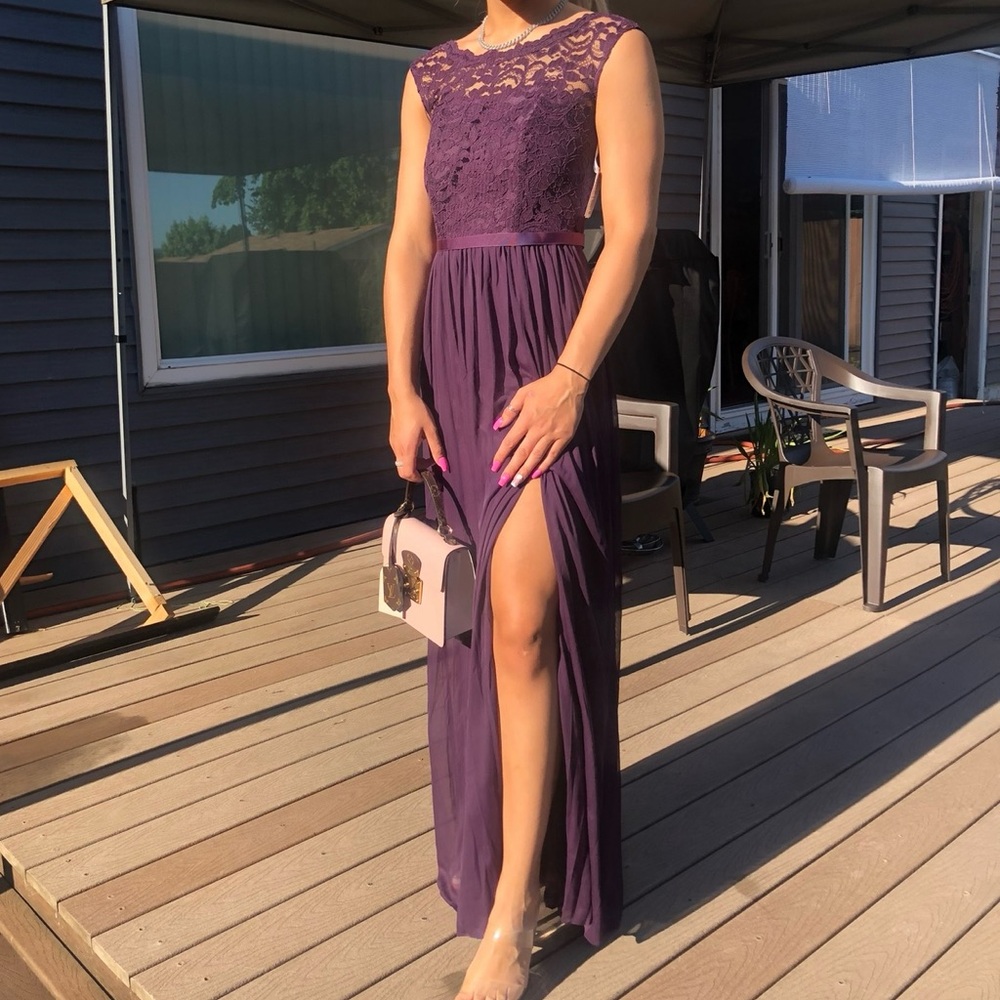 David's Bridal Purple Lace Maxi Dress